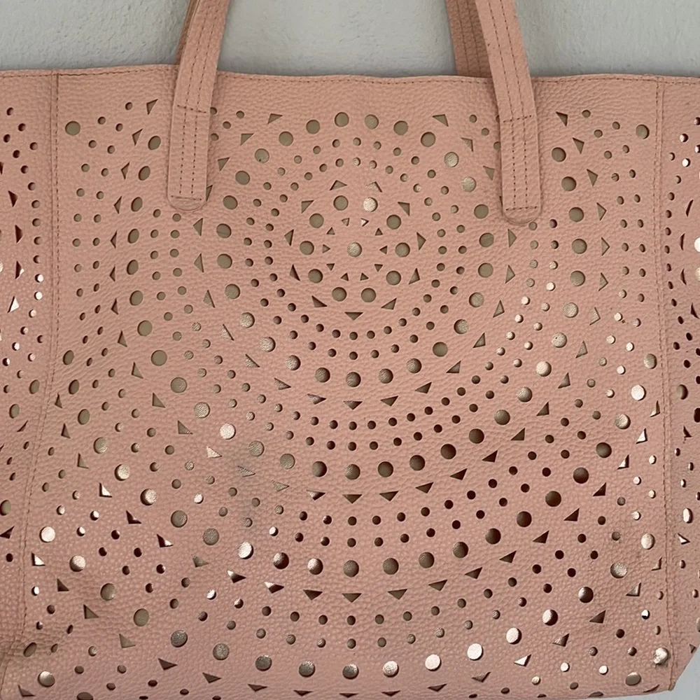 Metallic rose gold blush pink laser cut zip closure large tote bag